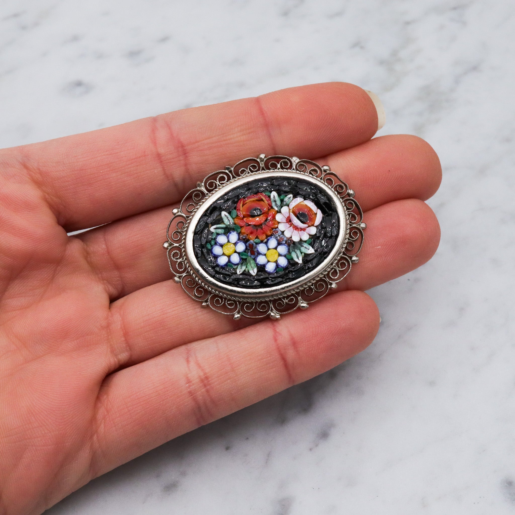 Vintage Spanish silver tone micro mosaic tile brooch